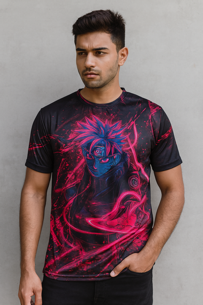 Red Sasuke Uchiha Dark Holographic Graphic Printed T-shirt For Men's