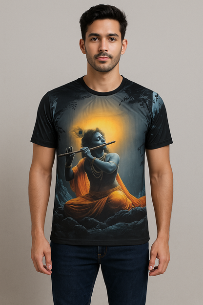 Black Krishna Flute T-shirt For Men