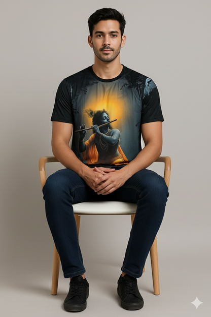 Black Krishna Flute T-shirt For Men