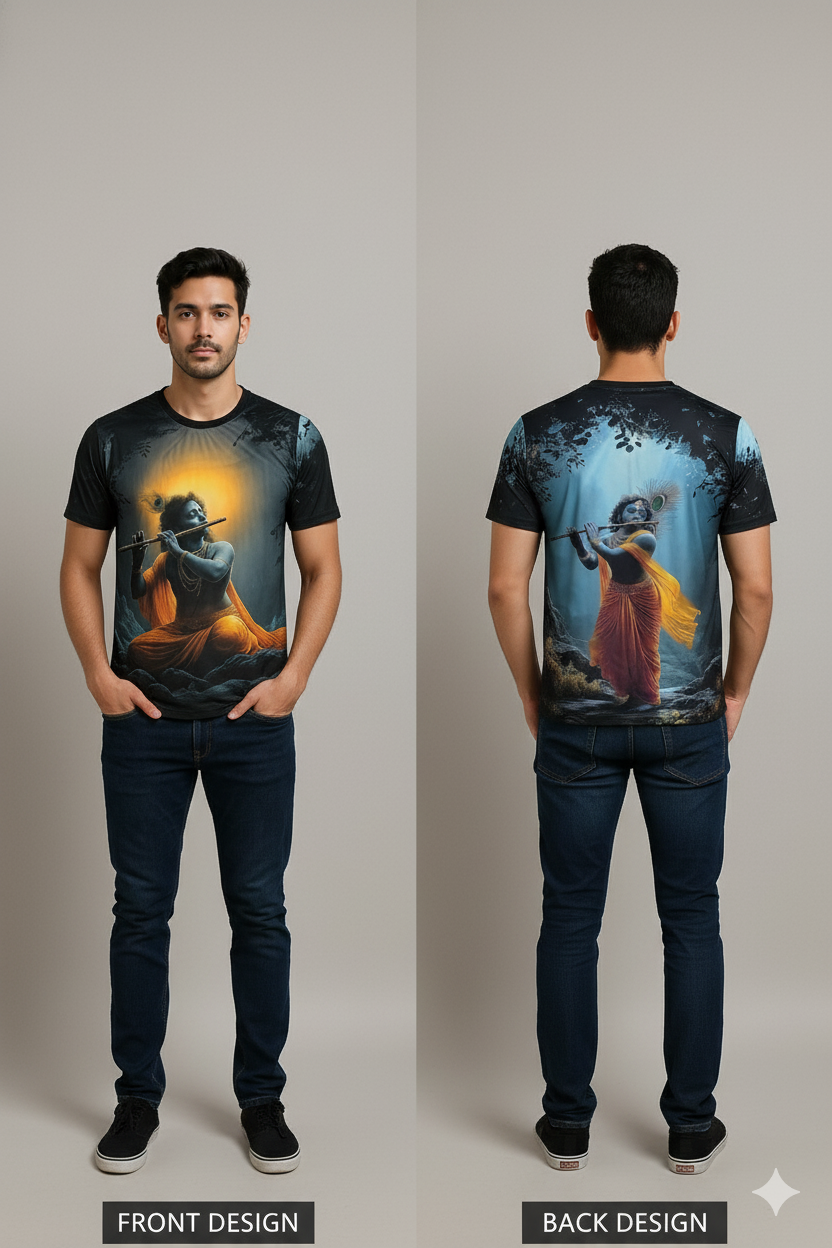 Black Krishna Flute T-shirt For Men