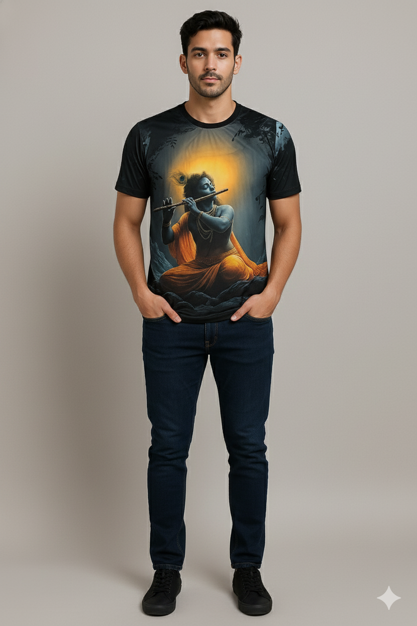 Black Krishna Flute T-shirt For Men